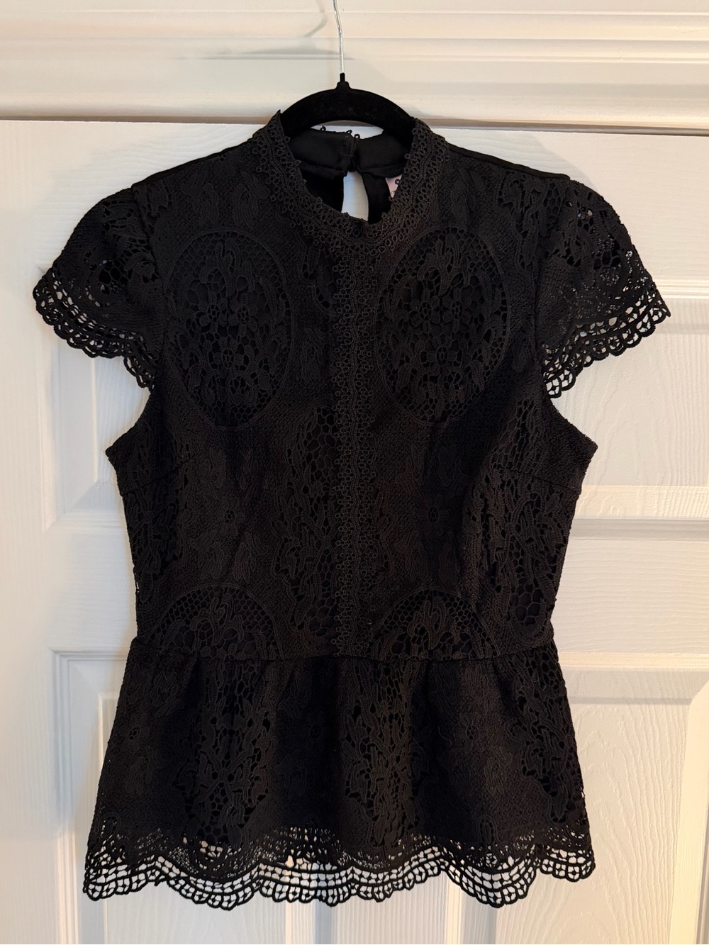 Alya Women's Black Lace Peplum Top - Elegant Short Sleeve Blouse